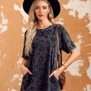 Gray Vintage Washed Leopard T-Shirt Dress with Pockets
